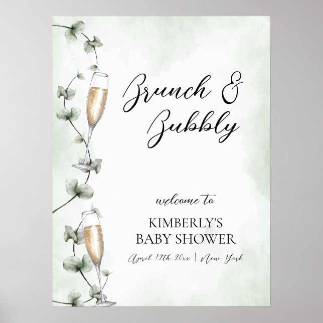 Eucalyptus Brunch Champagne Baby Shower Välkomstsk Poster (Framsidan)