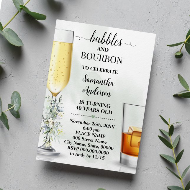 Eucalyptus Bubbles and Bourbon Vuxnas Birthday Inbjudningar (Skapare uppladdad)