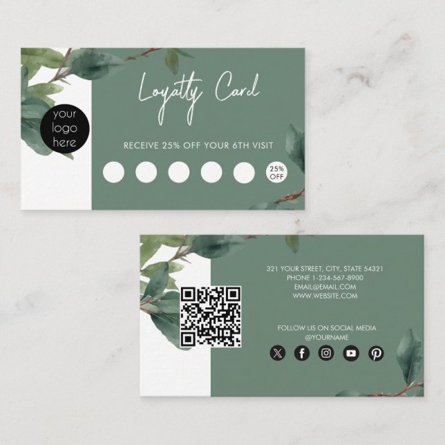 Eucalyptus Business Logotyp QR Code Loyalty Visitkort (Fram/baksida)