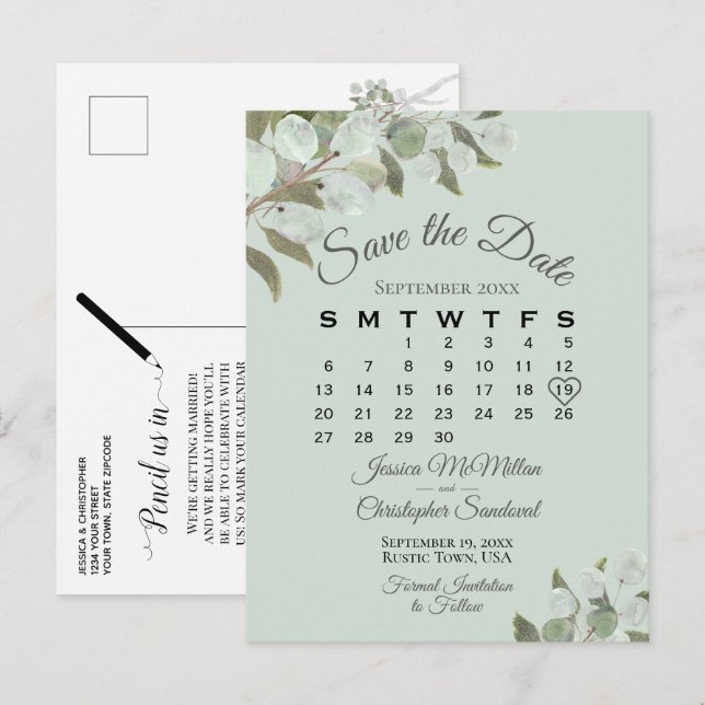 Eucalyptus Calendar Mint Bröllop spara datum Meddelande Vykort (Fram/baksida)