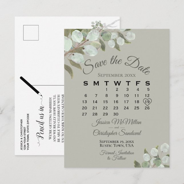 Eucalyptus Calendar Sage Bröllop spara datum Meddelande Vykort (Fram/baksida)