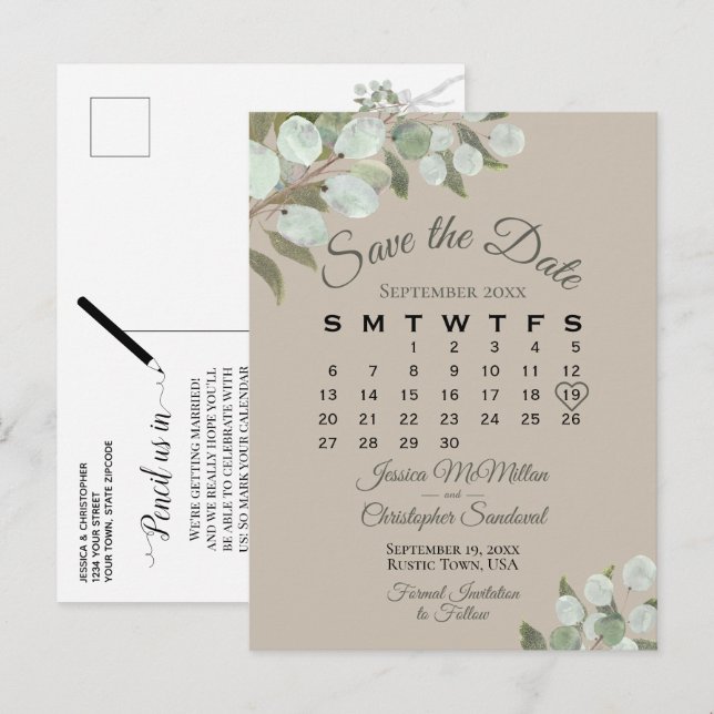 Eucalyptus Calendar Taupe Bröllop spara datum Meddelande Vykort (Fram/baksida)