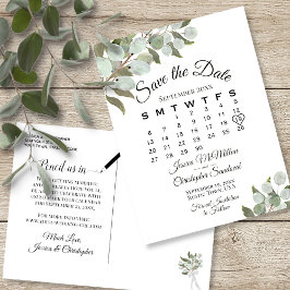 Eucalyptus Calendar White Bröllop spara datum Meddelande Vykort