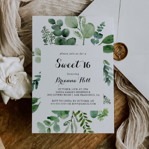 Eucalyptus Calligrafi Söt 16 Födelsedagsfester Inbjudningar