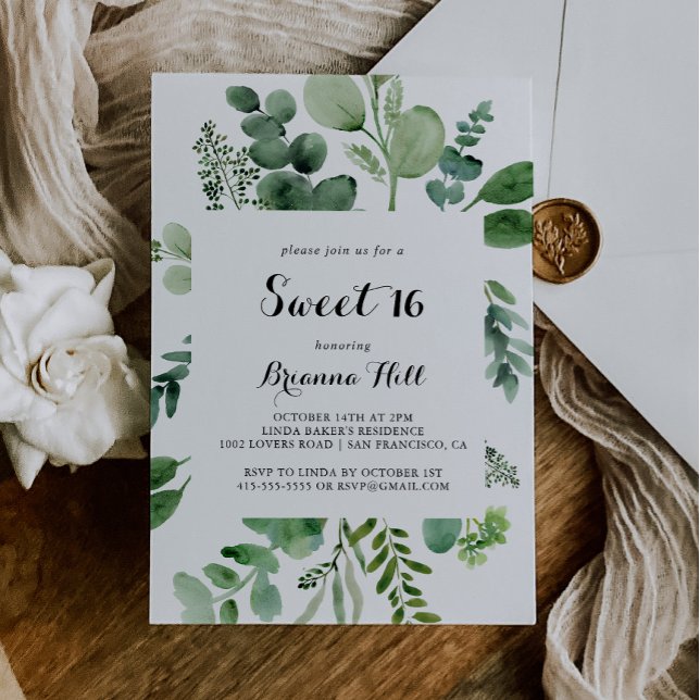 Eucalyptus Calligrafi Söt 16 Födelsedagsfester Inbjudningar (Skapare uppladdad)