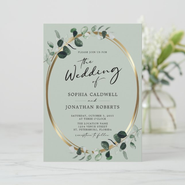 Eucalyptus Calligraphy All in One Sage Bröllop Inbjudningar (Stående Fram)