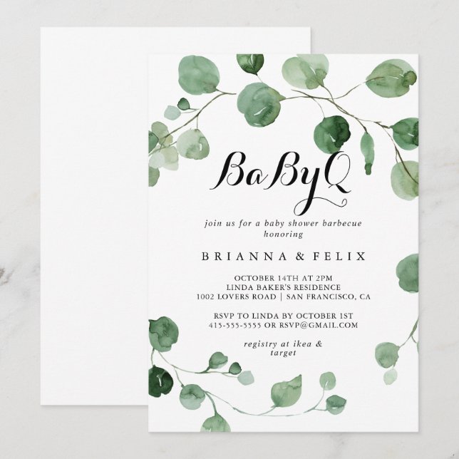 Eucalyptus Calligraphy BabyQ Baby Shower Barbecue Inbjudningar (Fram/baksida)