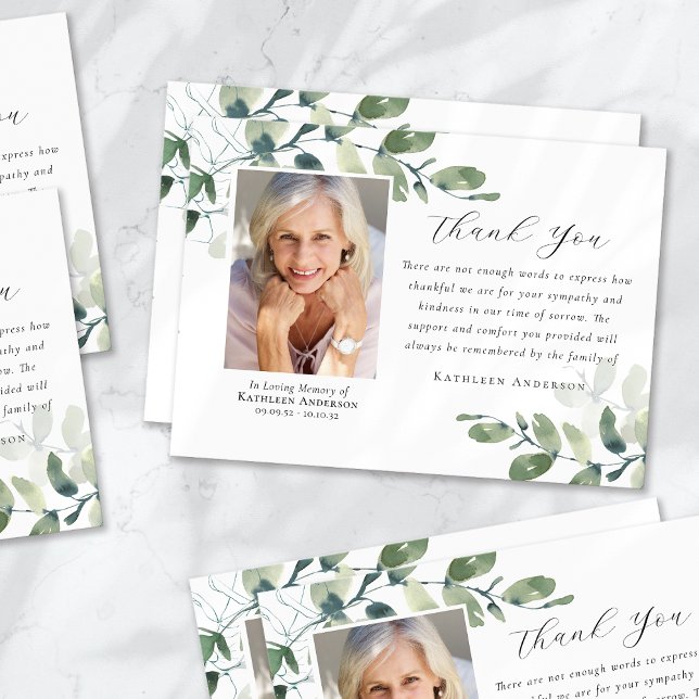 Eucalyptus Calligraphy Photo Funeral Memorial Tack Kort (Skapare uppladdad)