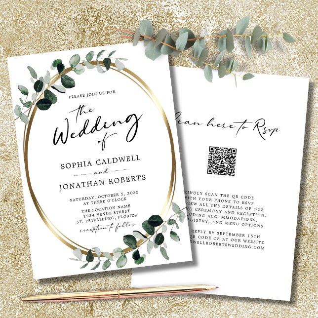 Eucalyptus Calligraphy QR Code OSA Bröllop Inbjudningar (WeddingInvitation-QRCodeRSVP-EuclyptusGoldOvalWhite)