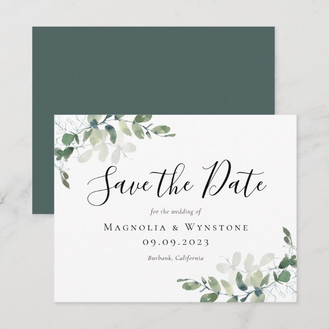 Eucalyptus Calligraphy Watercolor Save Date (Fram/baksida)