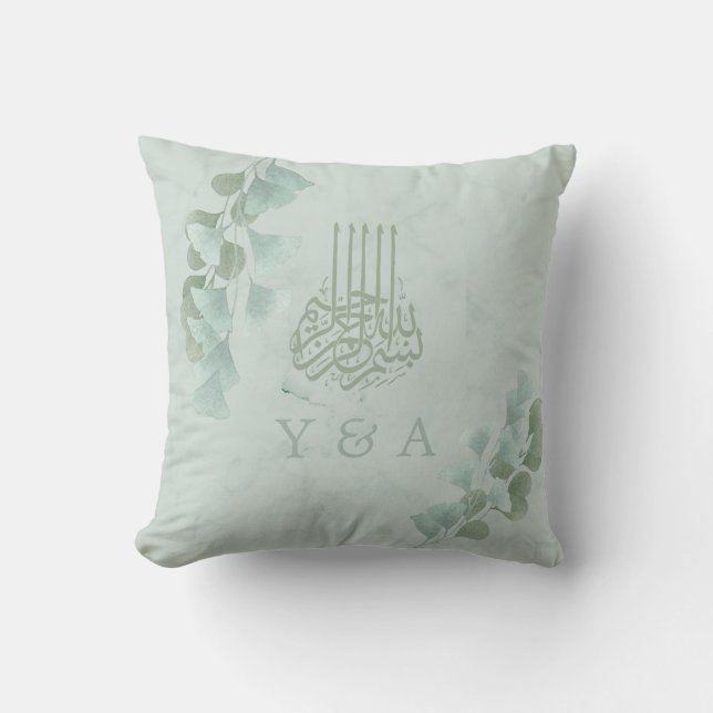Eucalyptus Chic Modern Islamic Bismillah Bröllop Kudde (Framsida)