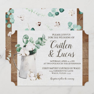Eucalyptus Cotton Stem Shiplap Farmhouse Bröllop Inbjudningar