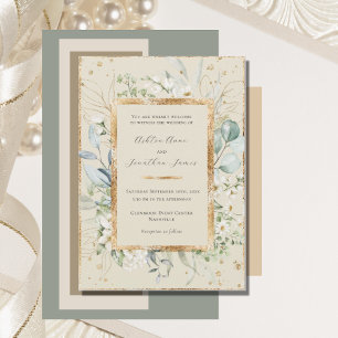 Eucalyptus Daisy Guld Cream Elegant bröllop Inbjudningar