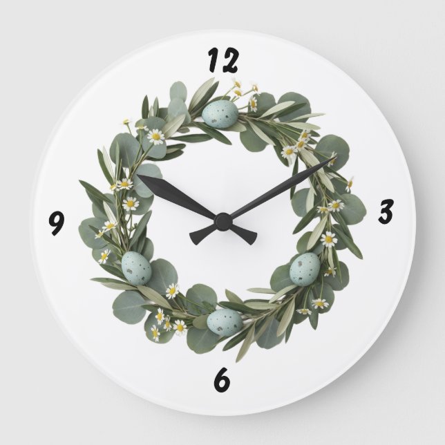 Eucalyptus & Daisy Spring Wreath Wall Clock Stor Klocka (Framsida)