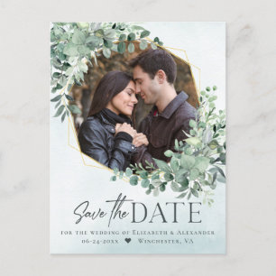 Eucalyptus Dusty Blue Bröllop Photo Save Date Meddelande Vykort