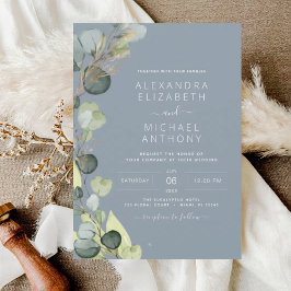 Eucalyptus Dusty Blue Sage Grönt Guld Bröllop Inbjudningar