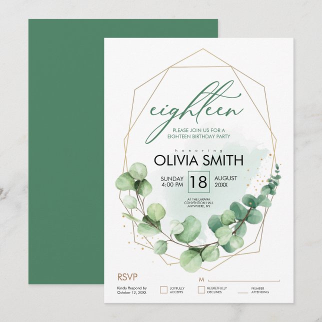 Eucalyptus Elegant 18:e födelsedagen Modern Grönt Inbjudningar (Fram/baksida)