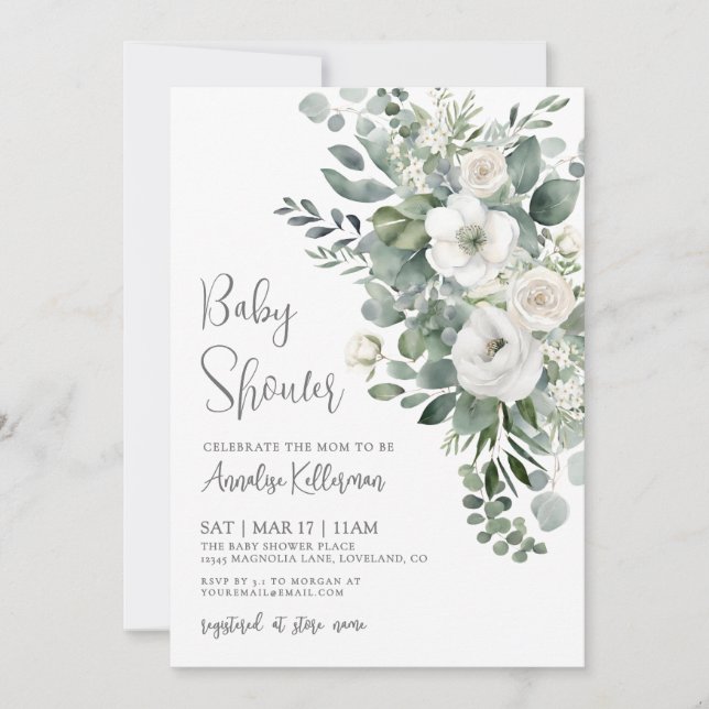 Eucalyptus Elegant Floral Baby Shower Inbjudningar (Framsida)