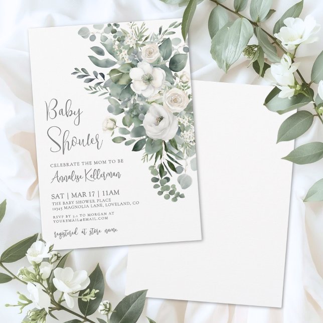 Eucalyptus Elegant Floral Baby Shower Inbjudningar (Eucalyptus Elegant Floral Baby Shower Invitation)