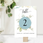Eucalyptus Elegant Greenery Bröllop, Mist Blue Bordsnummer<br><div class="desc">Komplettera din bord-décor med det här vackra bordsnumret med den exquisit vattenfärgen Eucalyptus greenery, delikata vattenfärgsfläckar och modern handskriven kalligrafiinformation. Möjlighet att anpassa med ditt namn och din händelse. Obs! Du måste beställa varje bordsnummer för varje händelse i ställe. (dvs. för tre bord skulle du behöva två olika beställningar till...</div>