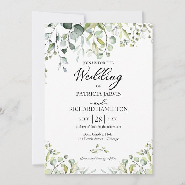 Eucalyptus Elegant Grön Bröllop Inbjudningar (Framsida)