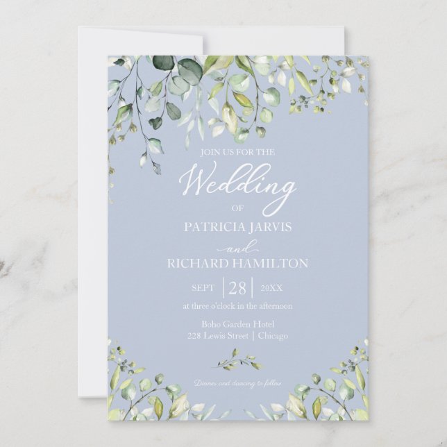 Eucalyptus Elegant Grönska Bröllop Dammig Blå Inbjudningar (Framsida)