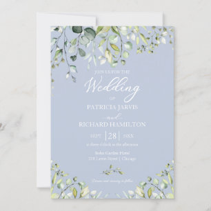 Eucalyptus Elegant Grönska Bröllop Dammig Blå Inbjudningar