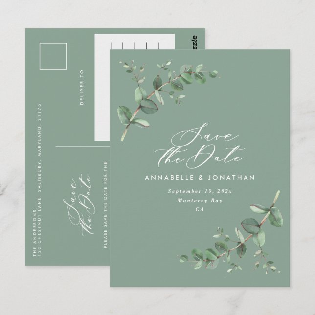 Eucalyptus elegant grönt bröllop spara datum vykort (Fram/baksida)