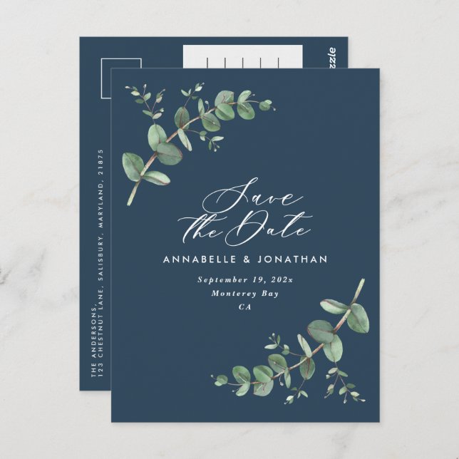 Eucalyptus elegant marinblått bröllop spara datum vykort (Fram/baksida)