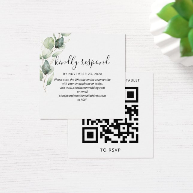 Eucalyptus Elegant QR Code Bröllop Webbplats OSA Fyrkantigt Visitkort (Skivbord)