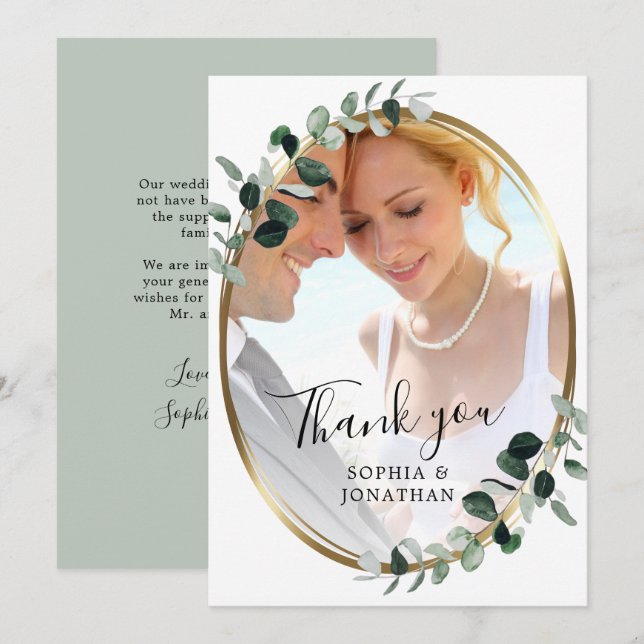 Eucalyptus Elegant Script Photo Bröllop Tack Kort (Fram/baksida)