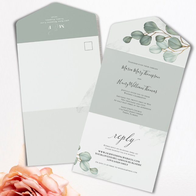 Eucalyptus Elegant Watercolor Bröllop (Botanical green eucalyptus leaves wedding invitations.)