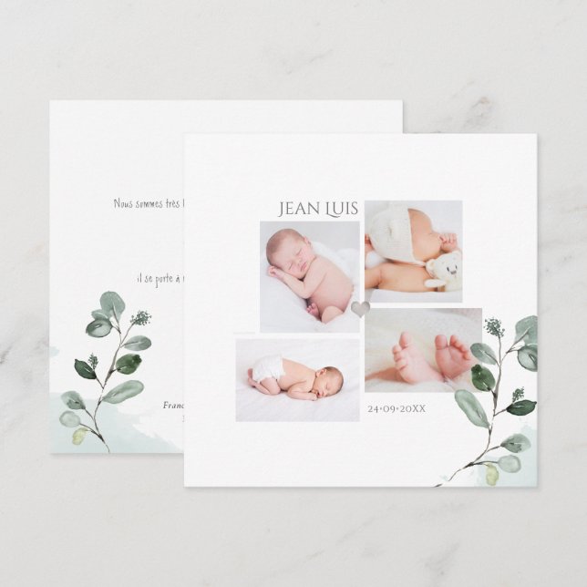 Eucalyptus Faire-part de Naissance Garçon Inbjudningar (Fram/baksida)