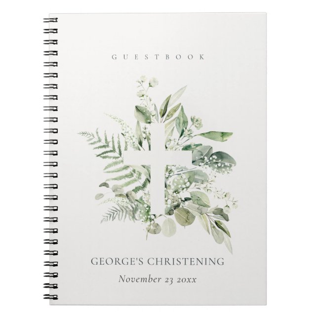 Eucalyptus Fern Fauna Kor Christening Guestbook Anteckningsbok (Framsidan)