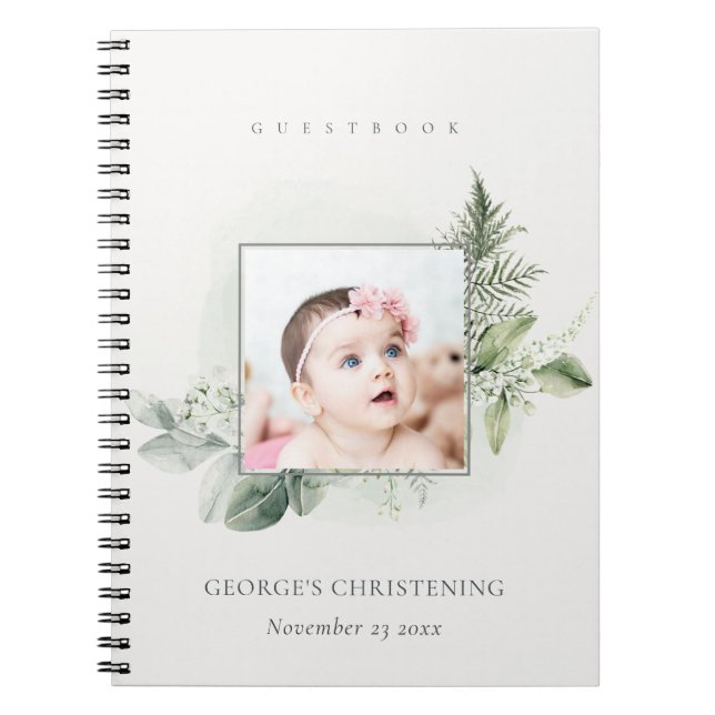 Eucalyptus Fern Fauna Photo Christening Guestbook Anteckningsbok (Framsidan)