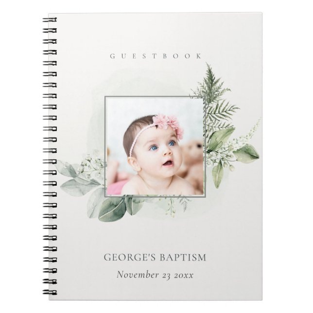 Eucalyptus Fern Foliage Photo Baptism Guestbook Anteckningsbok (Framsidan)
