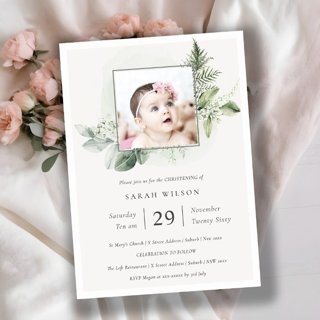 Eucalyptus Fern Foliage Photo Christening Inbjudan (Skapare uppladdad)