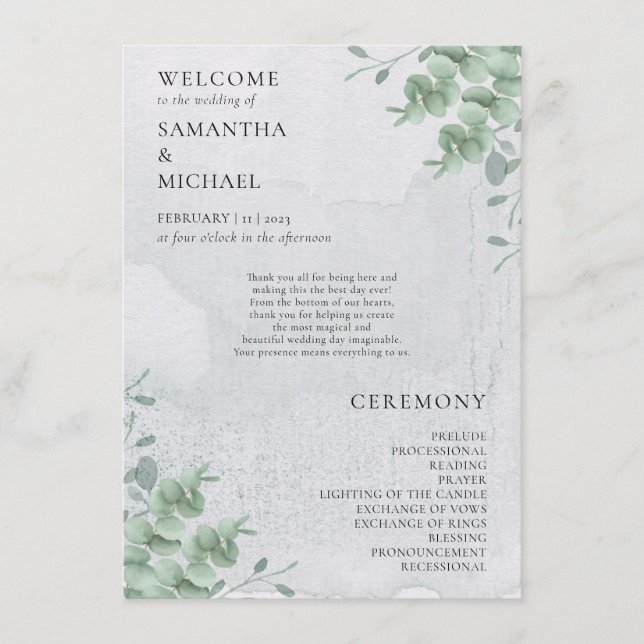 Eucalyptus floral minimal modern program wedding (Framsida)