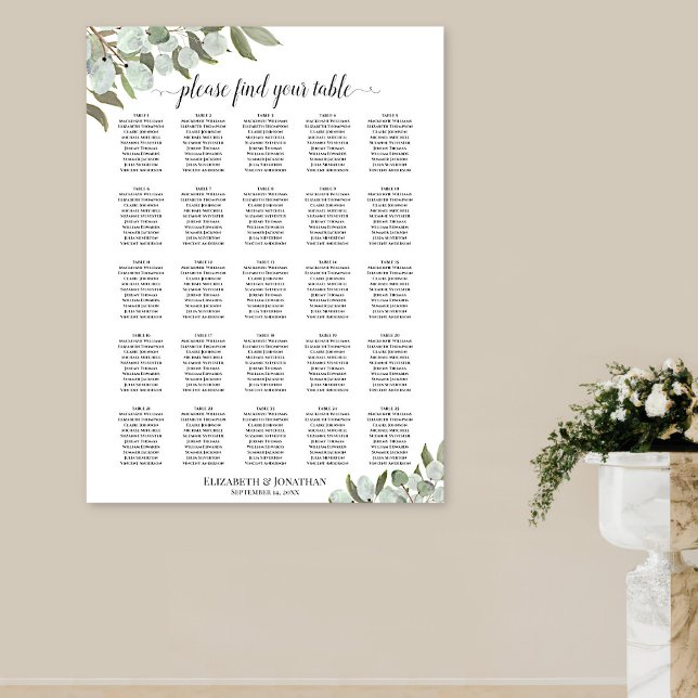 Eucalyptus Foliage 25 Table Wedding Seating Chart Poster (In Situ on Wall with Pedestal Vase)