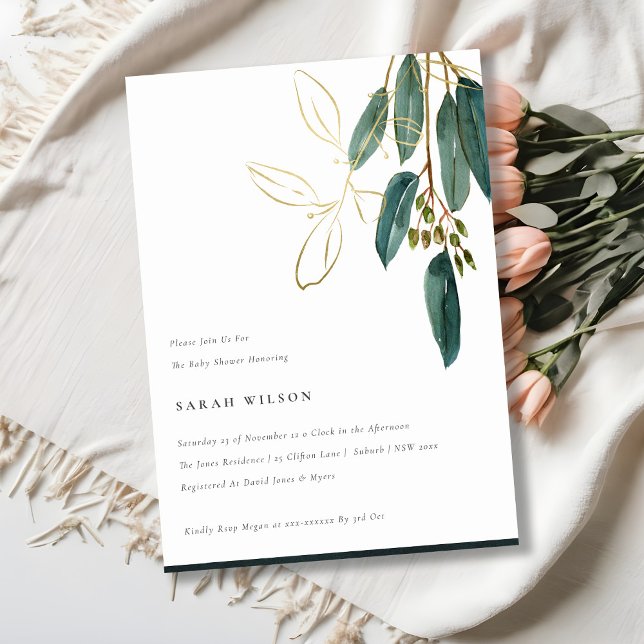 Eucalyptus Foliage Baby Shower för enkel Guld-Grön Inbjudningar (Skapare uppladdad)