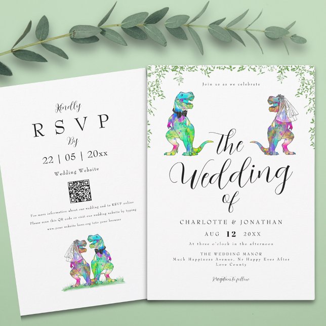 Eucalyptus Foliage Dinosaur Bröllop Inbjudningar (Elegant botanical dinosaur wedding invitation with qr code)