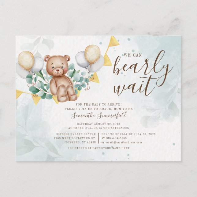 Eucalyptus Foliage Greenery Bear  Baby Shower Inbjudan Vykort (Framsida)