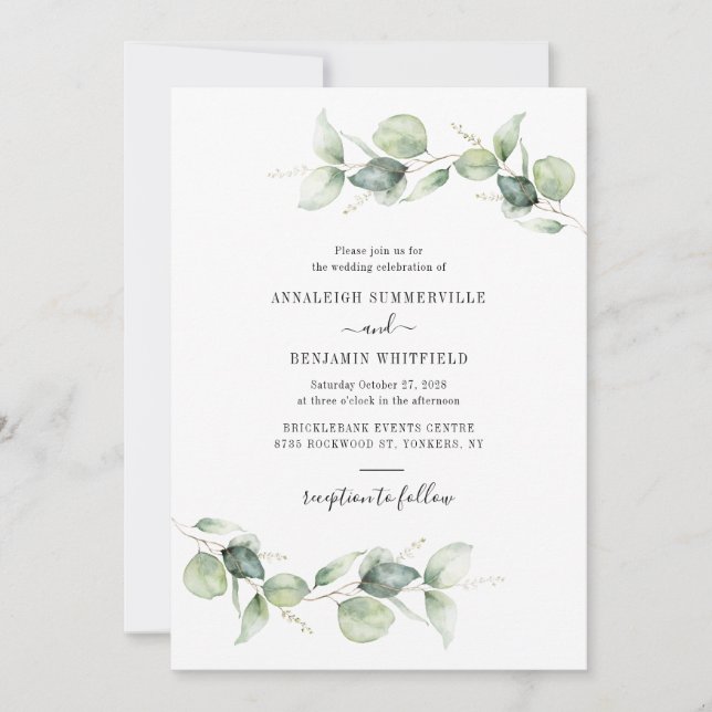 Eucalyptus Foliage Greenery Script Bröllop Inbjudningar (Framsida)
