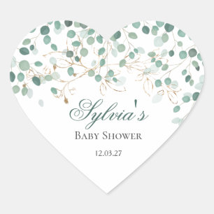 Eucalyptus Foliage Guld Lövs Baby Shower Hjärtformat Klistermärke
