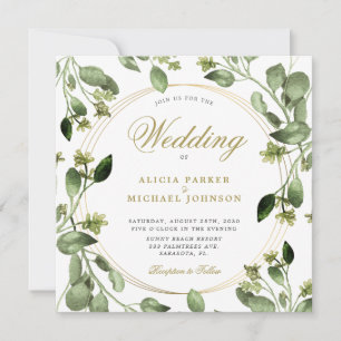 Eucalyptus foliage guld ram monogram bröllop inbjudningar