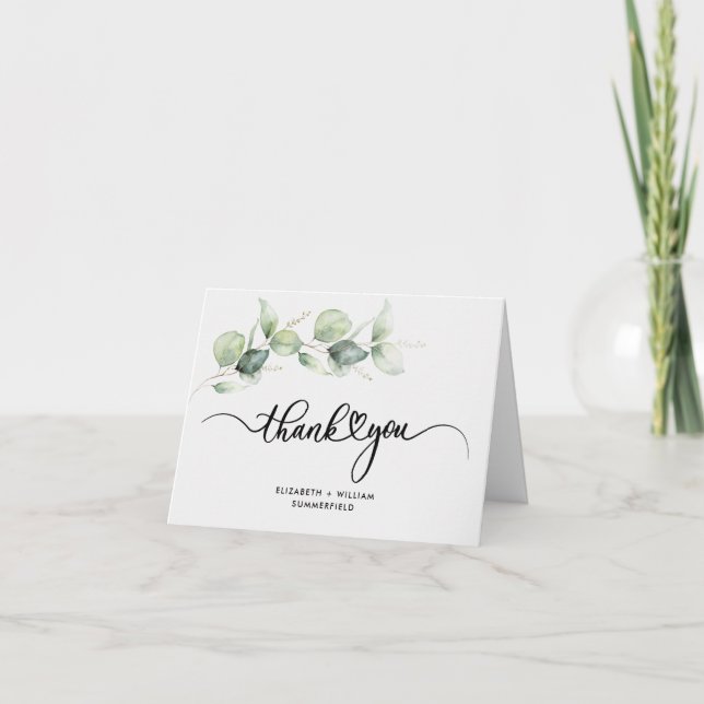 Eucalyptus Foliage Hand-Lettered Bröllop Tack Kort (Framsida)