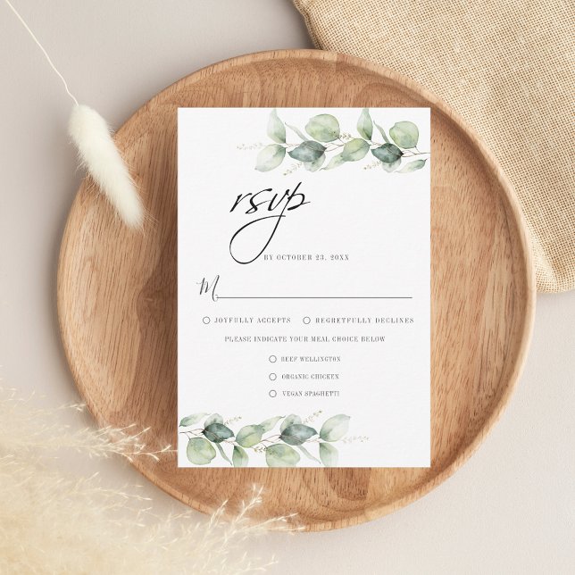 Eucalyptus Foliage minimalist Botaniska Bröllop OSA Kort (Eucalyptus Script Wedding RSVP Card)