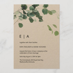 Eucalyptus Foliage Rustic Kraft Initialer Bröllop Inbjudningar