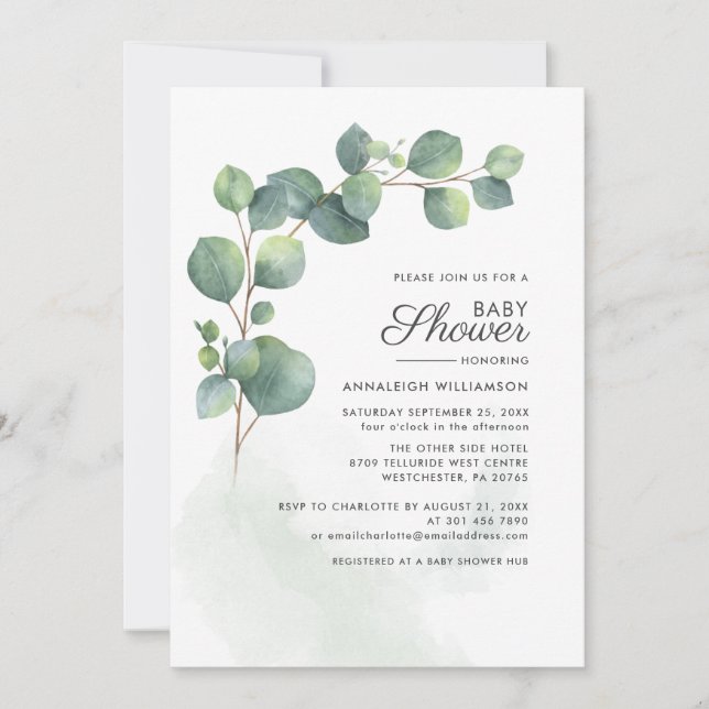 Eucalyptus Foliage Script Baby Shower Inbjudningar (Framsida)