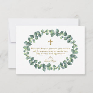 Eucalyptus Foliage Utandning Guld Kor Boy Baptism Tack Kort